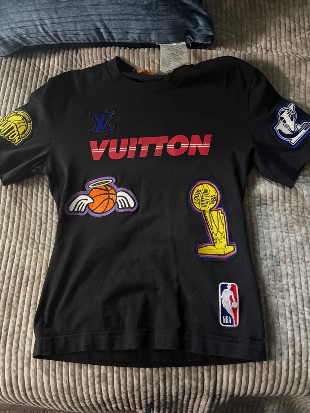 Louis Vuitton Black Short-Sleeve Tee with Red VUITTON Logo and Colorful Patches